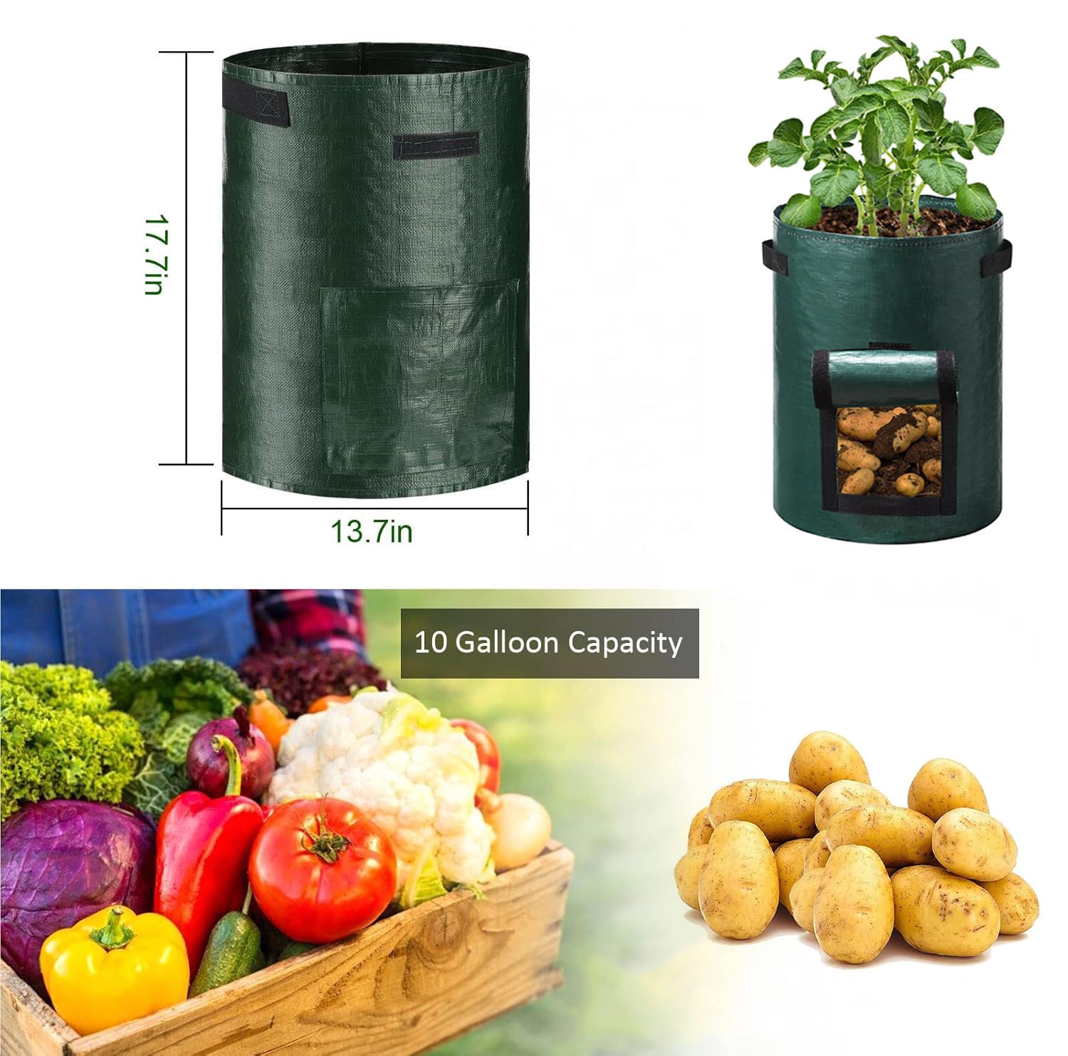 Photo 1 of 10 Gallon Grow Bags, 1 Pack with Flap and Handles, Aeration Fabric Planter Pots for Potatoes, Onions, Tomatoes, Carrots, and More - Green
