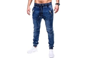 Men's Stretchy Drawstring Jeans Drop Crotch Joggers Denim Pants Elastic Waist Slim Fit Cargo Jeans