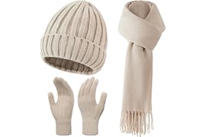 TRIFABRICY Winter Hat Beanie Long Scarf Touchscreen Gloves Set, 3Pcs Soft Thick Fleece Lined Gloves Skull Cap Scarf Set for Women Men