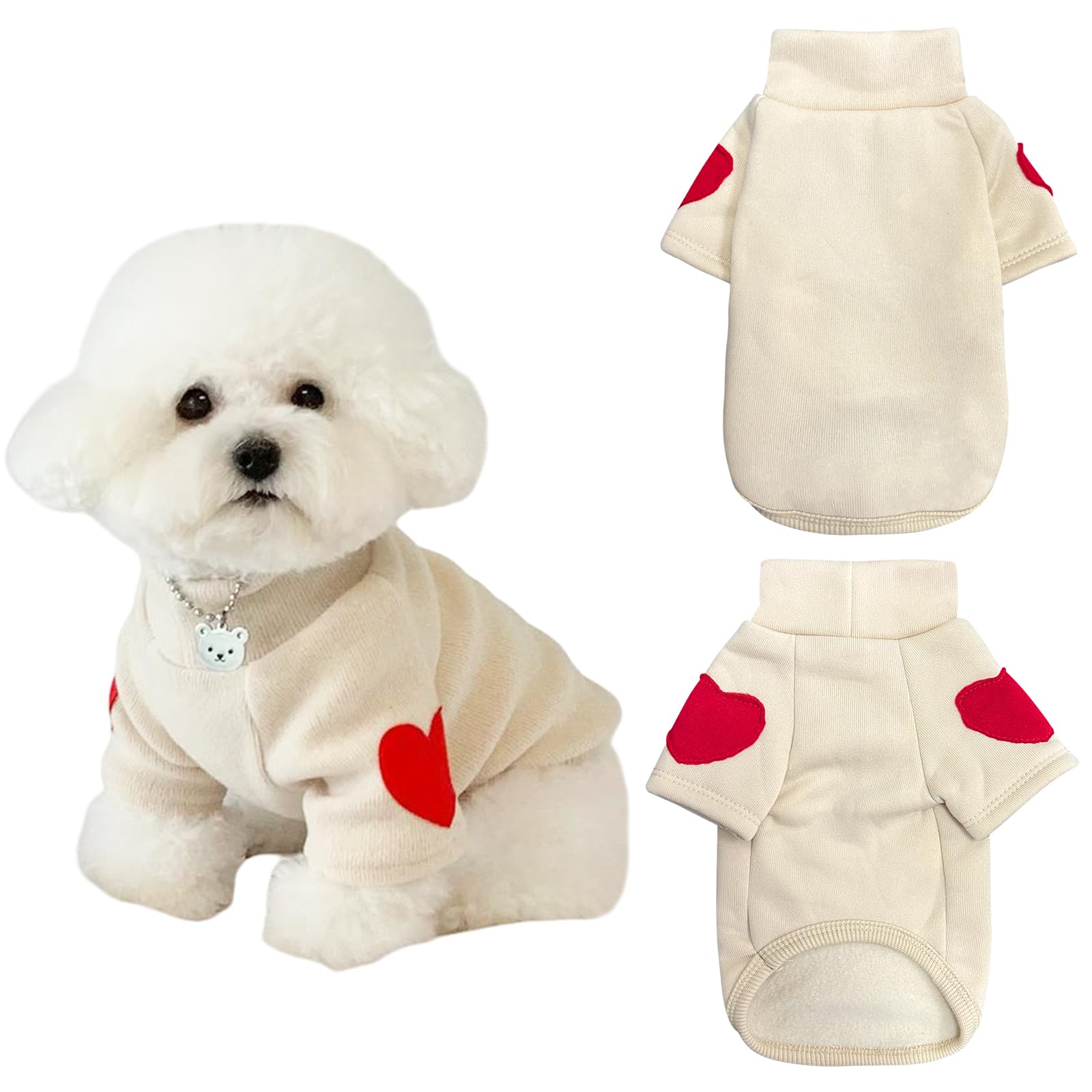 Winmany Small Medium Dogs Clothes Pet Heart Patch Turtleneck Sweatshirt Cat Puppy Spring Fall Winter Sweater Coat (Beige, M)