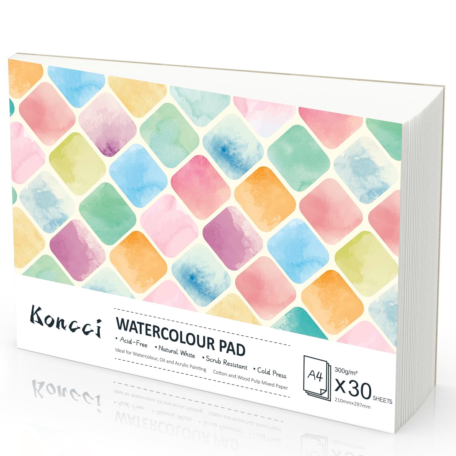KONCCI Watercolour Paper Pad A4, 30 Sheets Watercolour Sketchbook 300GSM, Cotton Blend, Cold Press & Acid-Free, Natural White, Glued Bound, for Painting Drawing Beginner Students