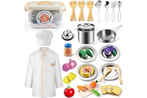 Juboury Pretend Play Kitchen Set - Toy Kitchen Accessories with Stainless Steel Cookware Pots and Pans, Plates, Cooking Utensils, Kids Chef Coat & Hat, Wooden Play Food for Kids, Girls, Boys, Toddlers