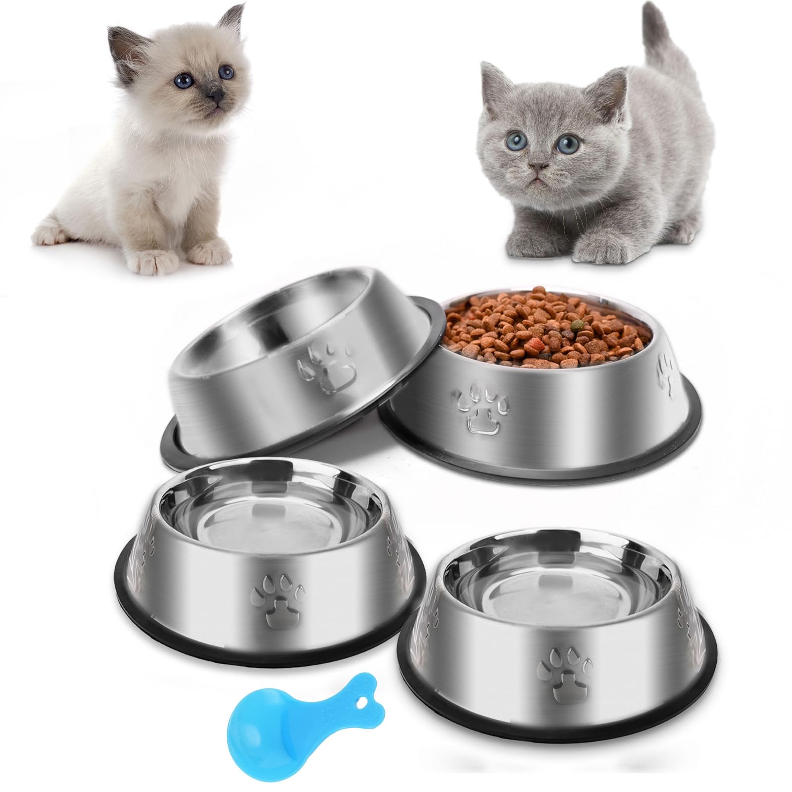 Stainless Steel Cat Bowls, 4 Pack Metal Dog Bowls for Food and Water, Non-Slip Pet Feeding Dish Bowl With Rubber Base for indoor Cats Small Dogs