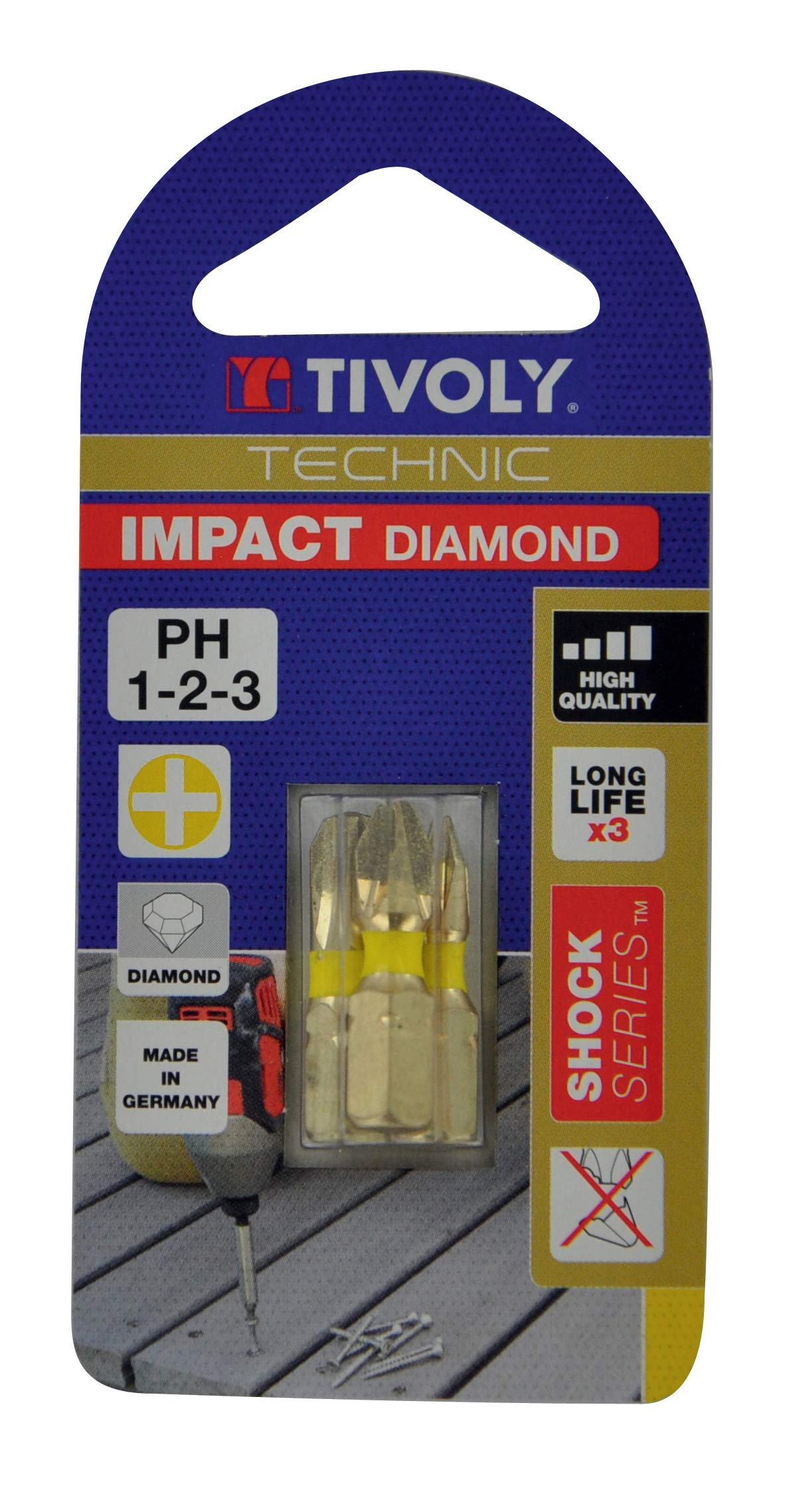 TIVOLY 11523320001 Set of 3 Diamond Impact Torsion Screw Bits for Philips Ph1-2-3 Screwdrivers