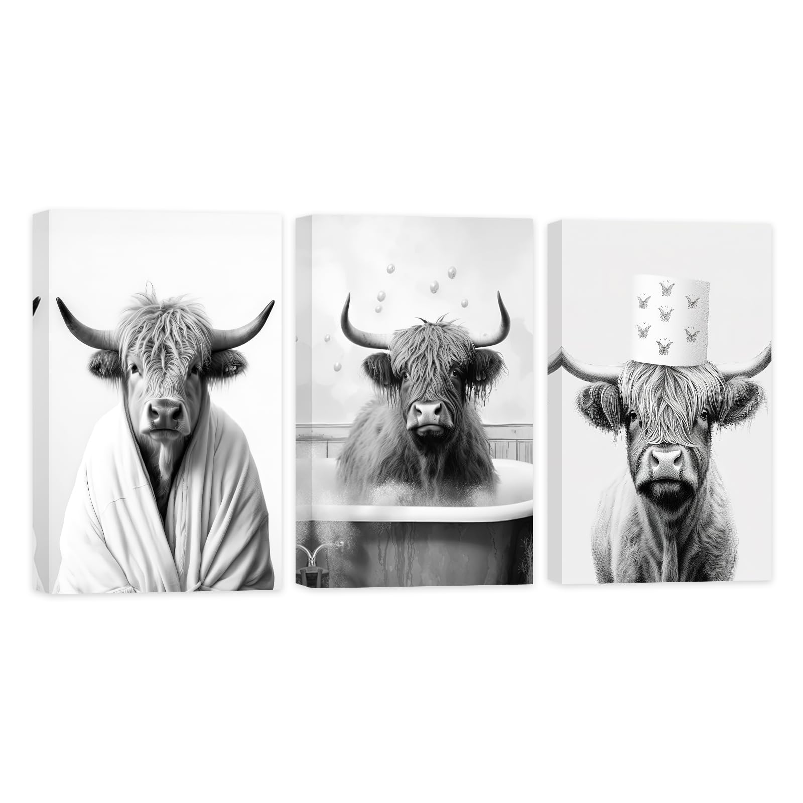 CCWACPP Bathroom Animal Wall Art Set of 3 Funny Black and White Highland Cattle Canvas Print Cow Pictures Wall Decor On Toilet Poster Framed (28x35cmx3, Cow - 1)