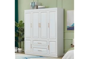 Sophshelter Wooden Armoire Wardrobe Closet Cabinet: 4 Door Two Drawers White Cabinet, Tall Cabinet Closet Wardrobe for High Storage Capacity with 2 Shelves and Hanging Rod 63" L x 20.3" W x 72" H