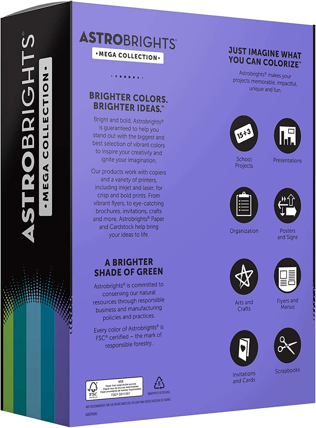 Astrobrights Mega Collection Colored Paper, 8 ½ x 11, 24 lb/89 gsm, “Frosty” 5-Color Assortment, 625 Ct. (91686)" Exclusive" - More Sheets! : Office Products