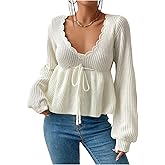 Milumia Women's Deep V Neck Long Sleeve Sweater Tie Front Ruffle Peplum Tops Knitwear