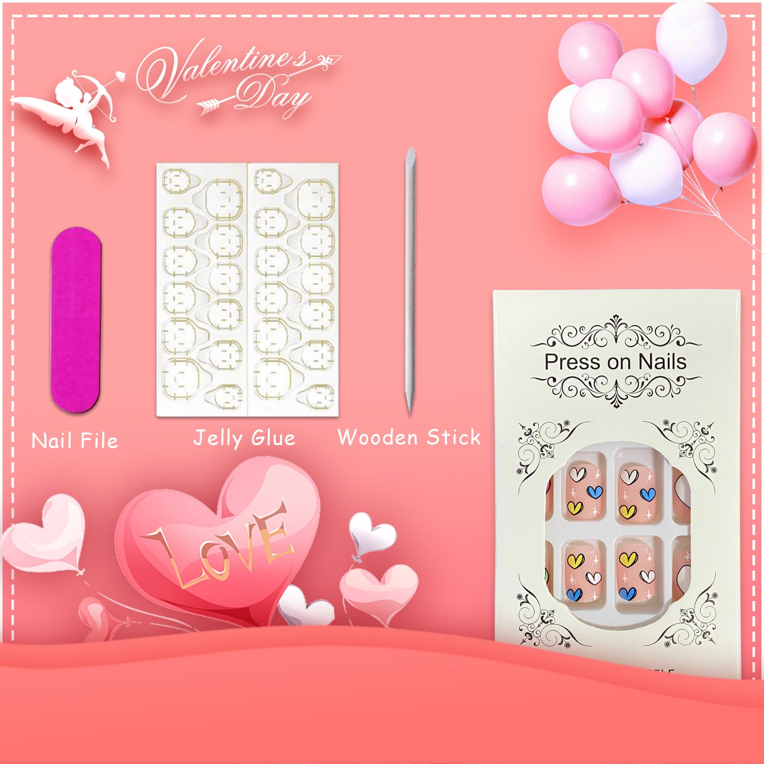 Matte Valentine's Day Press on Nails Short Square Fake Nails Colorful Cartoon Heart Acrylic Nails with Design Reusable Stick on Nails Glue on Nails for Women - Image 5