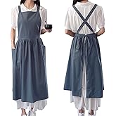 TALIBSA Pinafore Apron Dress,Japanese Cotton Linen Cross Back Apron for Women with Pockets,Pinafore Dress with Waist Ties (Turquoise Blue)