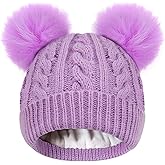 Girls Beanie with Double Pom Pom, Thick Warm Fleece Lined Knit Kids Winter Hat for 3-9 Years