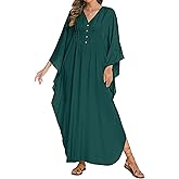 Bsubseach Women Kaftan Dresses Solid V Neck Swimsuit Coverup Batwing Sleeve Satin Plus Size Caftans with Pockets