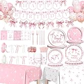 Party Inspo Pink Bow Birthday Party Supplies - 171 PCs Coquette Party Decorations Include Bow Plates Napkins Cups Tablecloth Ribbon Magic Balloon Pink Balloons, Tableware for Girls Bachelorette Decor