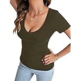 Rooscier Women's Deep V Neck Short Sleeve Slim Fit Basic Sexy Summer Tee T Shirt Blouse Top