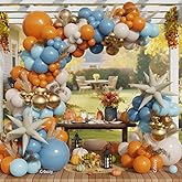 Fall Thanksgiving Balloon Arch Kit, 144Pcs Burnt Orange Dusty Blue Metallic Gold Balloons with White Explosion Star Foil Balloons for Fall Little Pumpkin Baby Shower Birthday Party Decorations