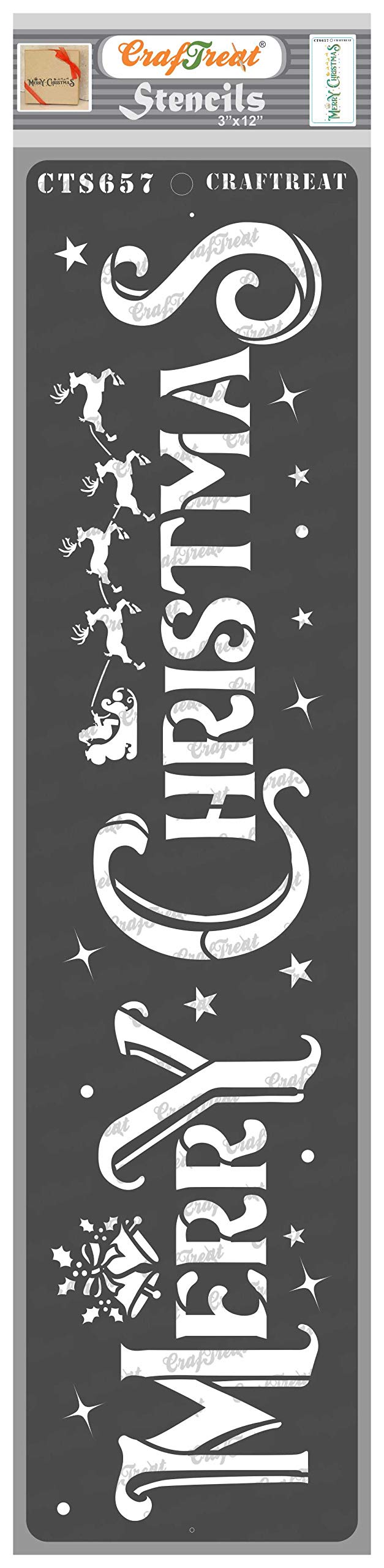 CrafTreat Reusable Merry Christmas Stencils for Painting on Wood - Merry Christmas - 3X12 Inch - Merry Christmas Stencils for Wood Signs - Merry Christmas Stencil for Cards