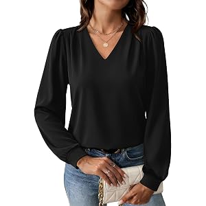 WIHOLL Blouses for Women Dressy Casual Long Sleeve Shirts Fall Fashion | V Neck Puff Sleeve Tops S-2XL
