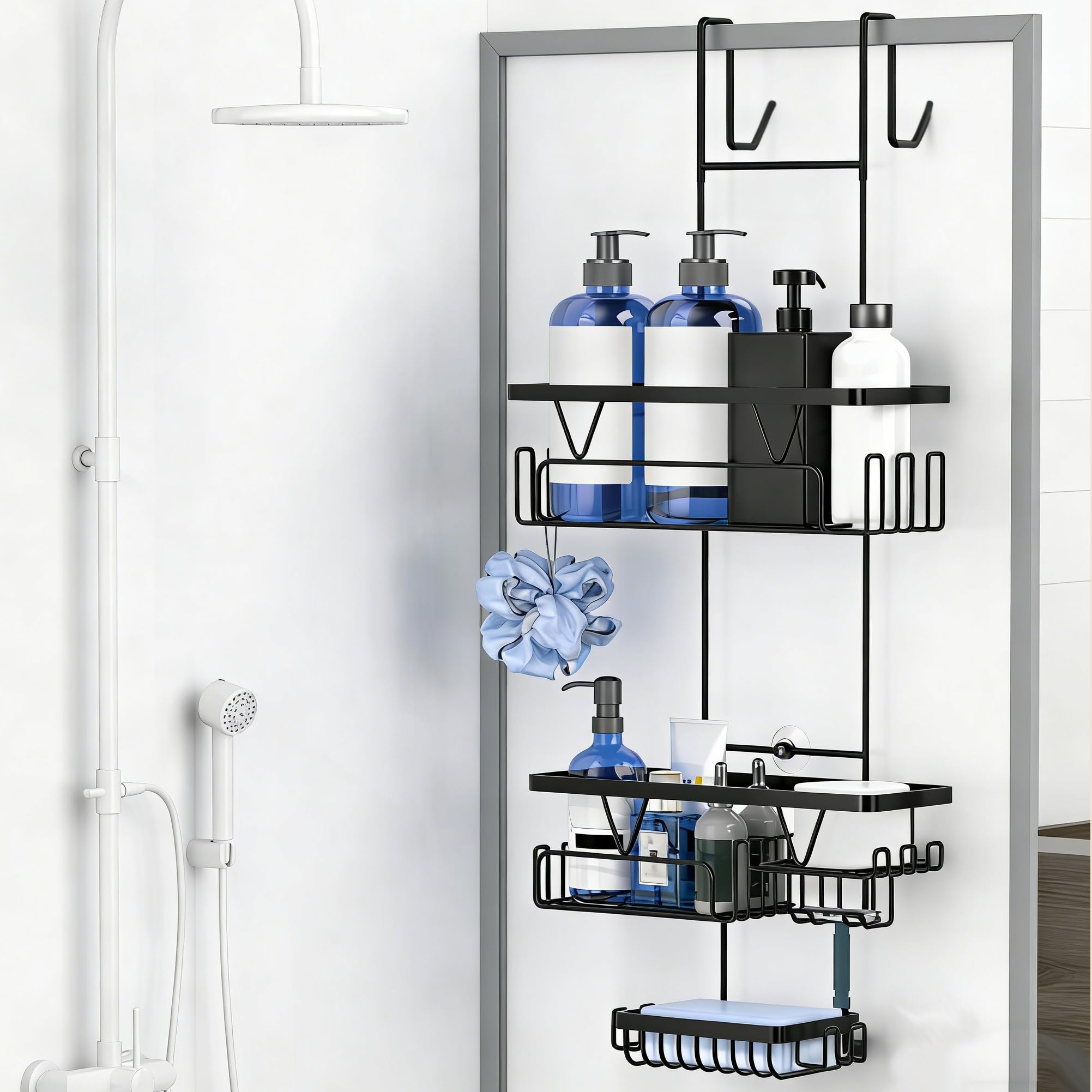 KEGII Shower Caddy Hanging - Shower Shelf Hanging Over Door Shower Rack, Bathroom Shower Storage Organiser with Soap Holder, No Drill Shower Shelf, Black Bathroom Storage Accessories