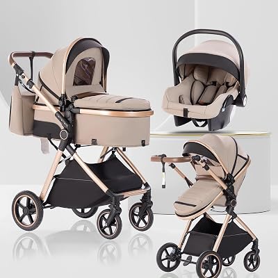 Lnhcrbs 3 in 1 Baby Stroller Travel Pushchair Khaki PU Wheels Adjustable Handle