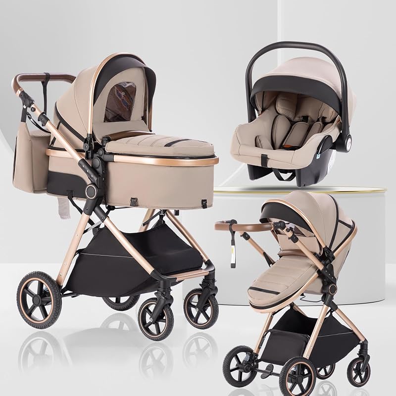 Lnhcrbs 3 in 1 Baby Stroller Travel Pushchair Khaki PU Wheels Adjustable Handle