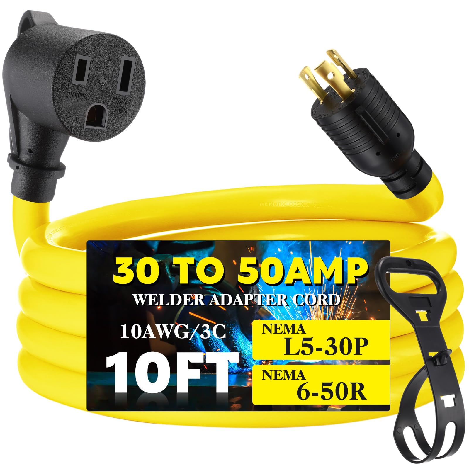 Photo 1 of Tellegloww 10ft 30Amp to 50Amp Welder Extension Cord, Compatible with NEMA L5-30P Male to 6-50R Female Locking 3 Prong to 3 Prong Welder Power Adapter, STW 10 AWG/3C, 30 Amp 250V 7500 Watt ETL Listed