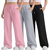 LessonZoo 3 Pack Girls Wide Leg Sweatpants Kids Drawstring High Waist Baggy Pants Teen Athletic Trousers with Pockets