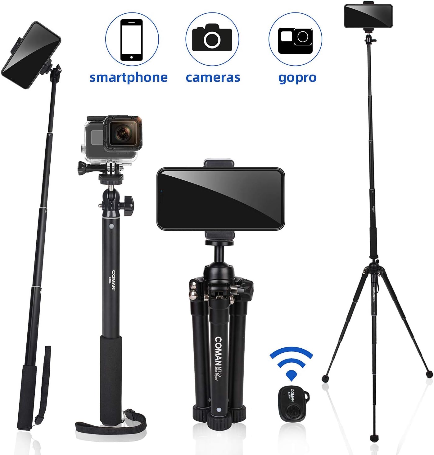 63" Tripod, COMAN Premium Phone Tripod, Portable All-in-One Professional Camera Tripod, Lightweight Aluminum, Bluetooth Remote for iPhone & Android Devices, Non Skid Tripod Feet: Camera & Photo