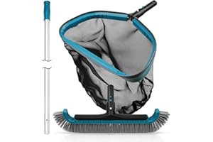 POOLWHALE Swimming Pool Cleaning Kit - Aluminum Frame Skimmer Net with 10Ft Adjustable Pole & 17.5” Pool Brush Head, Pools Maintenance Kits for Inground & Above Ground Swimming Pools, Removes Debris