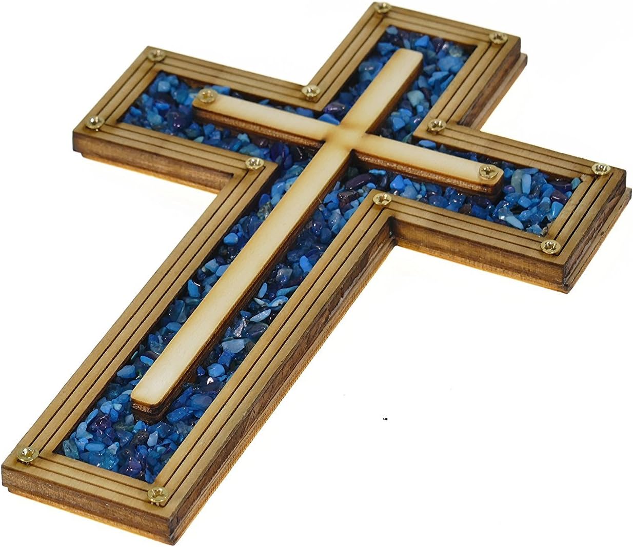 Matiel Decorative christian wooden Wall Cross Embedded With Turquoise Gem Stones 6.5" By DiLord