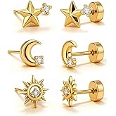 Krathoven Flat Back Earrings for Women,14k Gold/Silver Plated Small Flat Back Stud Earrings Cartilage Helix Multiple Piercing Jewelry Hypoallergenic Earrings for Sensitive Ears -3-piece or 3-pair