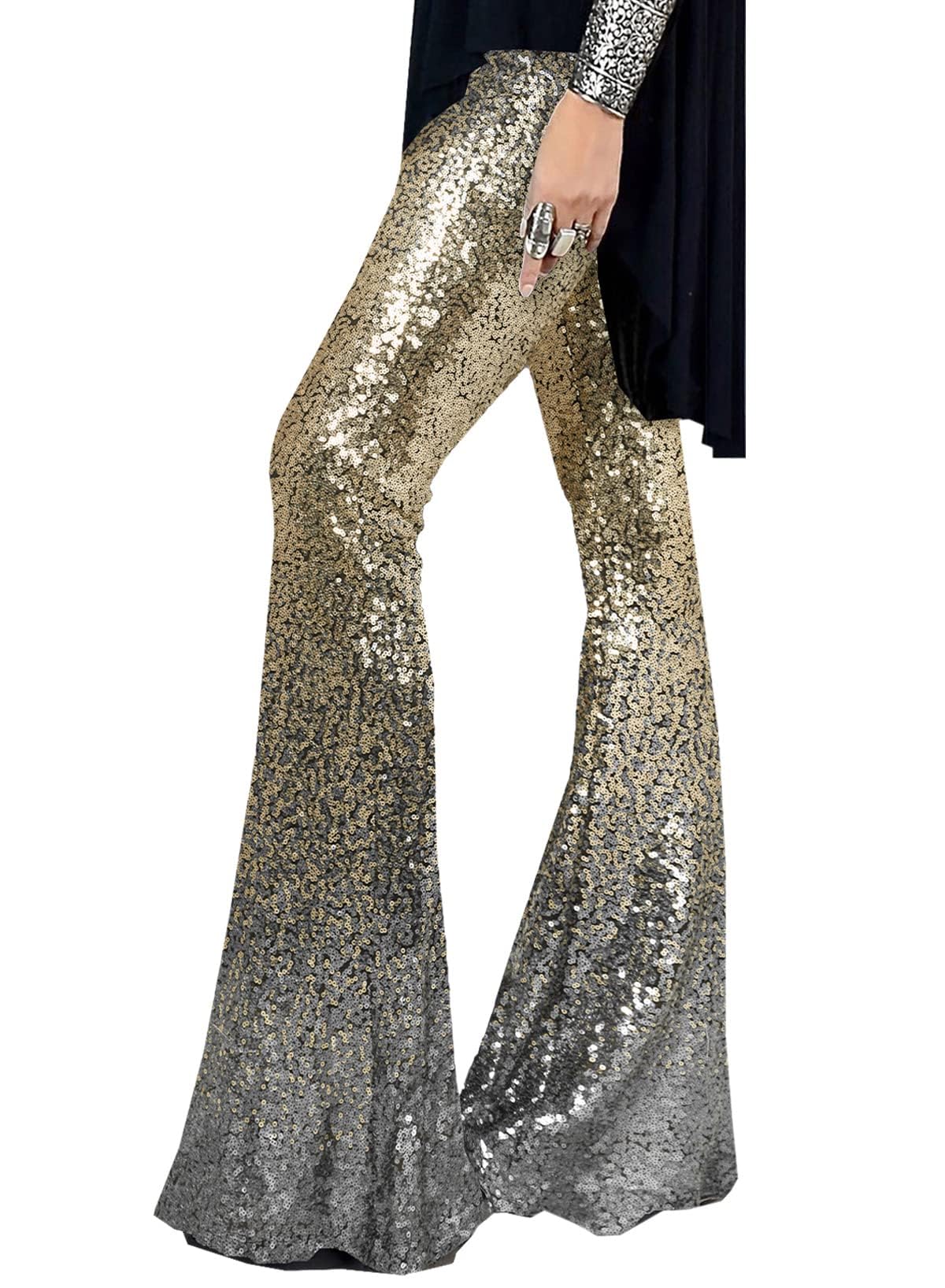 Photo 1 of EVALESS Womens Casual Sparkle Sequin Pants Glitter Bling Loose Elastic High Waist Gradient Wide Leg Flare Palazzo Trousers Gradient Gold Silver S 4 6