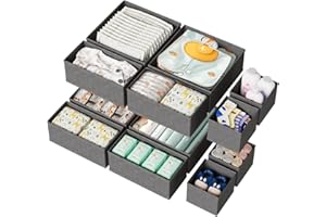 ActCosy 12 Pack Drawer Organizer for Baby Clothes, Nursery Organizer for Baby Diaper, Collapsible Deep Fabric Drawer Organizer with Zipper for Socks, Bra, Towels, Ties, Grey