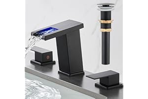 AVSIILE LED Bathroom Faucet 3 Hole, Matte Black Waterfall Bathroom Faucets, 8 Inch Widespread Modern Bathroom Sink Faucet & Parts, Wide Spread Touch On Three Hole 2 Handle Bathroom Vanity Faucet