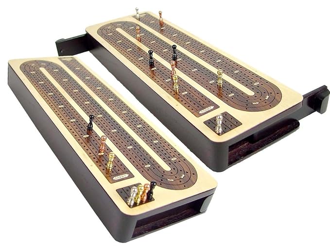 House of Cribbage Unique Cribbage Board Continuous 4 Track Wood Inlaid with Sliding Lids
