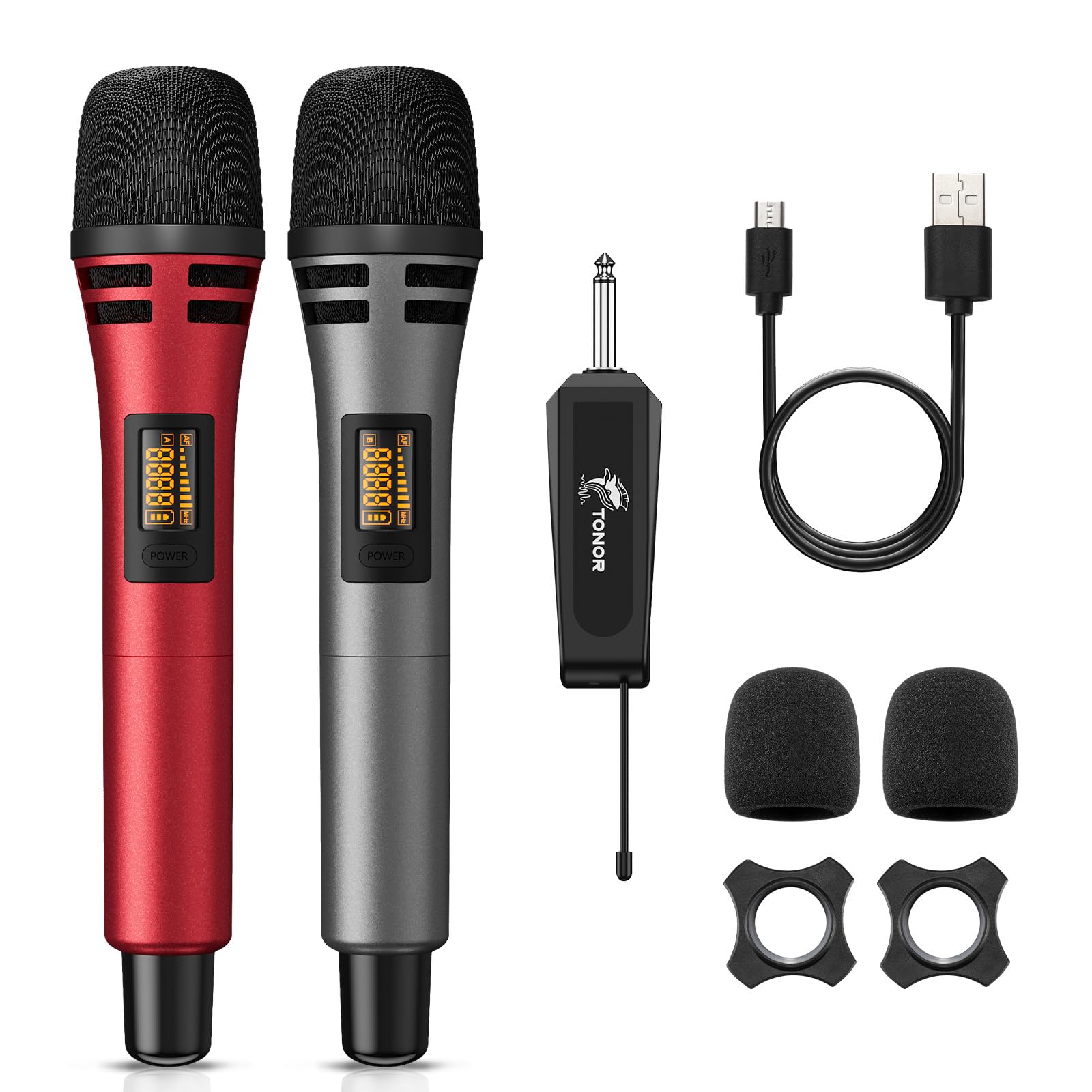 TONOR Wireless Microphones, UHF Cordless Handheld Dynamic Mics with 6.35mm Rechargeable Receiver, 60 m Range, 2 * 5 Adjustable Channels for Karaoke, Singing, DJ, Party, Speech, TW320, 2 Mics Grey&Red — image 1