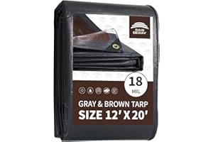 RAINDEWAY 12x20 Feet Super Heavy Duty Tarp 18 Mil, UV Resistant, Weatherproof, Multipurpose Waterproof Poly Tarp with Grommets and Reinforced Edges, Brown/Gray Tarp