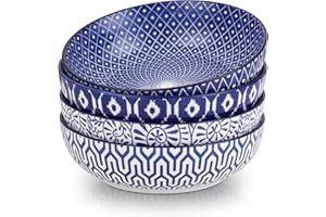 Selamica Ceramic 30 Ounce Large Pasta Bowls 8 inch Serving Bowls Wide and Shallow Microwave Dishwasher Safe Bowls Set of 4, Vintage Blue