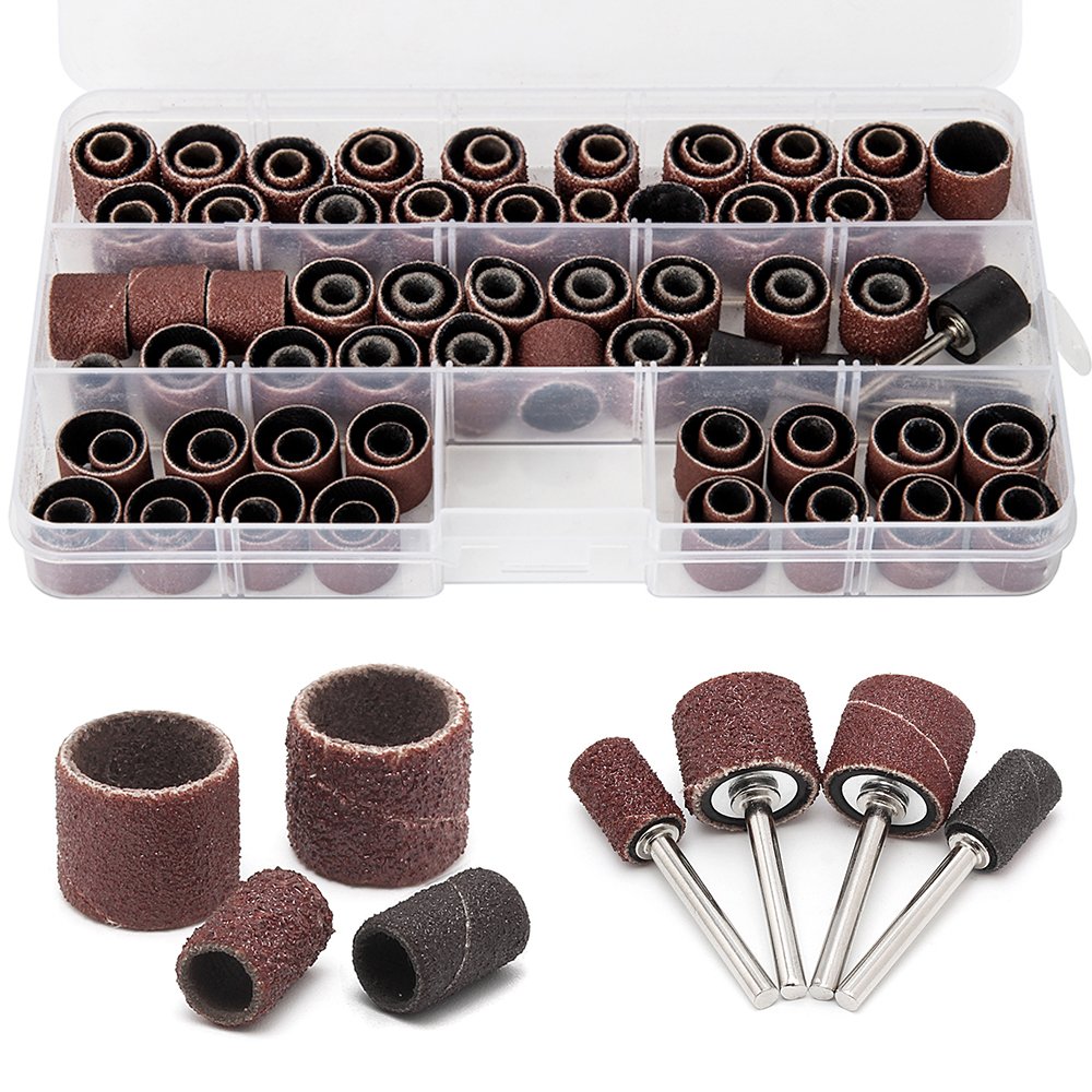 104Pcs Sanding Band Drum Sleeve 60 120 320 Grit 1/4" 1/2" Nail Drill Sander with 4 Drum Mandrel for Dremel Rotary Tool