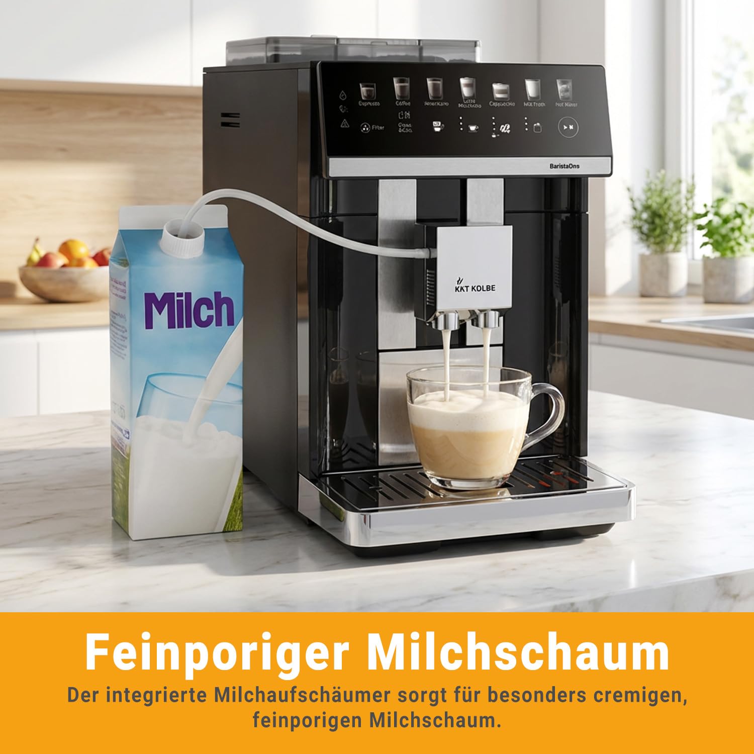KKT KOLBE Kaffeevollautomat mit Milchbehälter, Milchschaumdüse und Zubehör, 2 Tassen Funktion, 15 Bar, 7-stufiges Mahlwerk, Touchscreen, Automatische Reinigung, 7 Getränke Barista One, schwarz silber 3