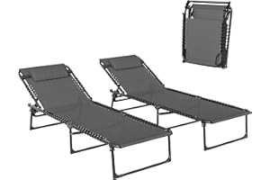 Outsunny 2 Pieces Folding Lounge Chairs, 4-Level Adjustable Chaise Lounges with Headrest, Tanning Chair Beach Beds, Reclining