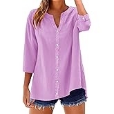 LOMON Womens 3/4 Sleeve Button Down Shirts Cotton Linen Roll Up Short Sleeve Tops V Neck Casual Loose Fit Blouses