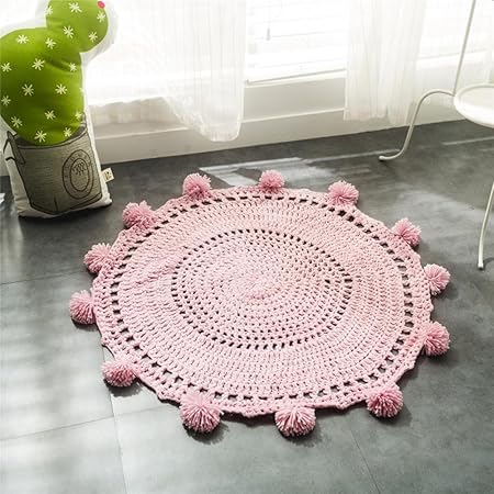 Here There Fait A Main Tisse Coton Taips De Ronde Enfant Tapis Moquette Tapis De Jeux Pour Bebe Enfant Chambre Tapis De Rampement 80x80cm Rose Tapis Ameublement Et Decoration