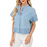 EZAPINE Womens Crop Denim Jacket Short Sleeve Button Down Lightweight Jean Tops Trendy