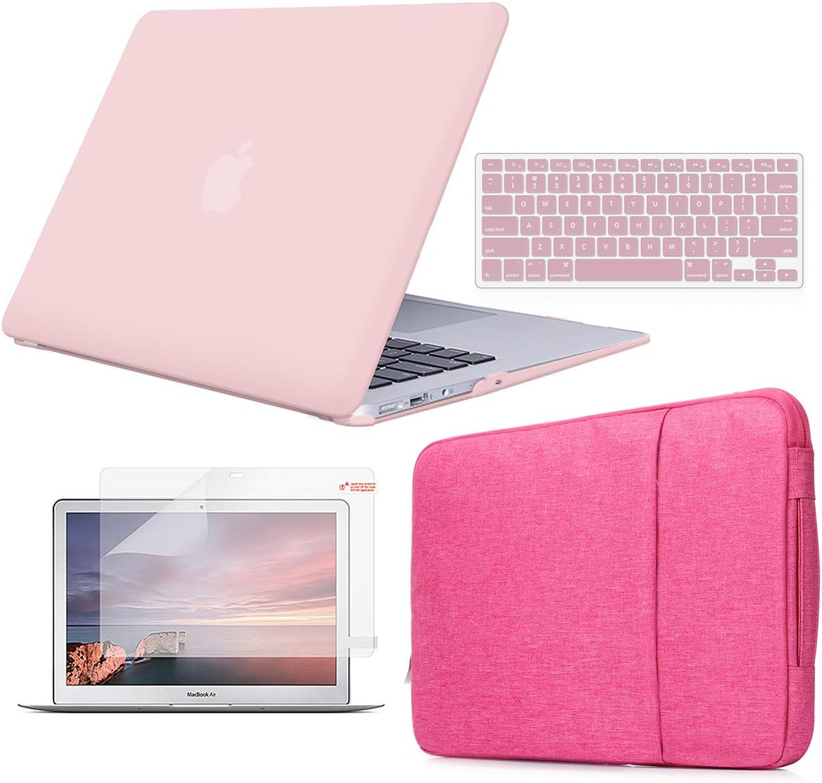Holilife MacBook Air 13 inch Case Bundle 4 in 1, Plastic Hard Shell & Keyboard Cover & Sleeve Bag & Screen Protector Compatible with 2019 2018 Release MacBook New Air 13 Model A1932 - Pink