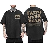 Kelxjia Christian Shirts for Men Faith Over Fear Oversized Shirt Acid Wash Tshirt Graphic Religious T Shirt Bible Verse Tees