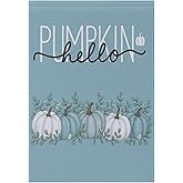 Hello Pumpkin Aqua Blue Fall Garden Flag 12x18 Inch Double Sided Outside Eucalyptus leaves Turquoise Autumn Seasonal Yard Outdoor Flag Banner for Garden Lawn Patio Holiday Decorations