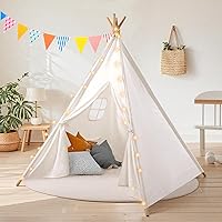 Kids Teepee Tent for Toddlers with Lights and Colorful Pennants, Teepee Tent for Baby Toys for Boys and Girls Portable Childr