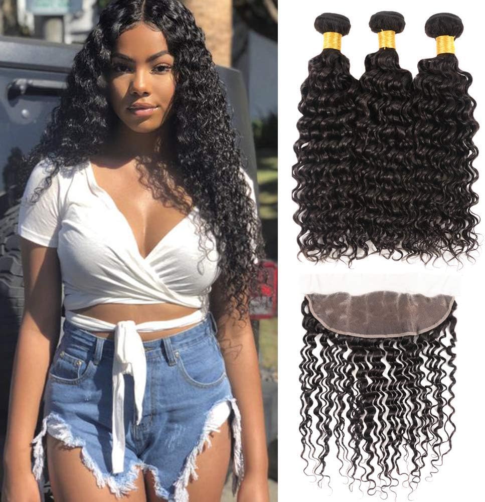 Brazilian Human Hair 3 Bundles With 13X4 Lace Frontal Ear To Ear 100% Unprocessed Virgin Human Hair Weave Deep Curly Wave Double Weft Wet And Wavy Natural Color Mixed Length（16 18 20+14Frontal）