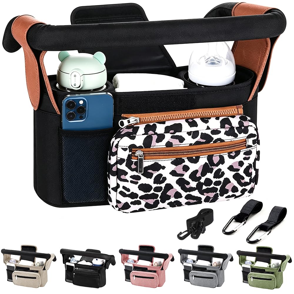 Tyuodna Baby Pram Bag Stroller,Universal Stroller Bag with 2 Insulated Cup Holder,Large Capacity Bag Organiser,Buggy Organiser with Shoulder Strap&Non-Slip Secure Hooks (Leopard Print)