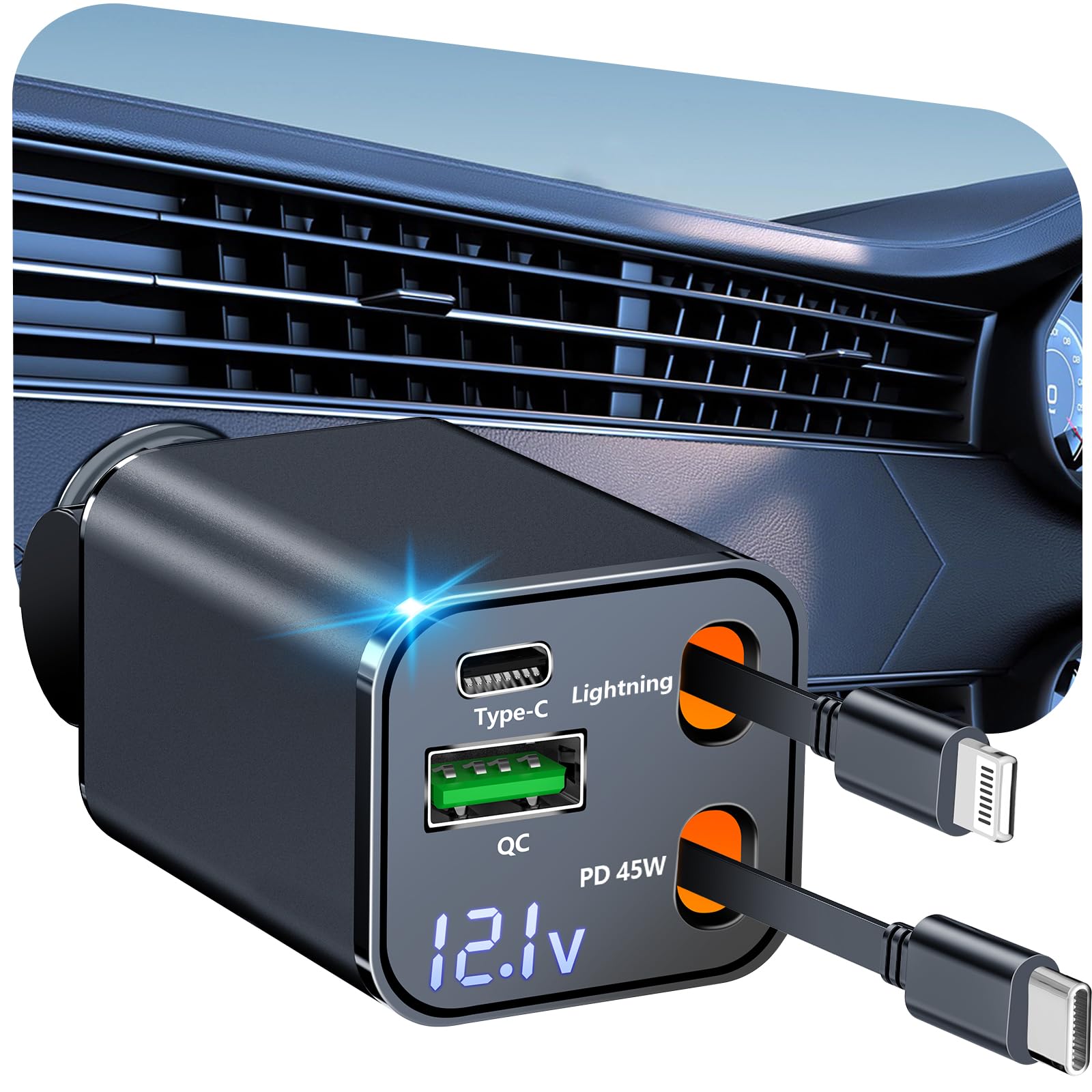 Photo 1 of [Apple MFi Certified] Retractable Car Charger USB C, Rombica 120W USB C Car Charger 4 in 1 PD/QC Type C Fast Charging Cigarette Lighter Adapter for iPhone 17 17 Pro 16 15 14 13 12 Galaxy S25 S24 Pixel